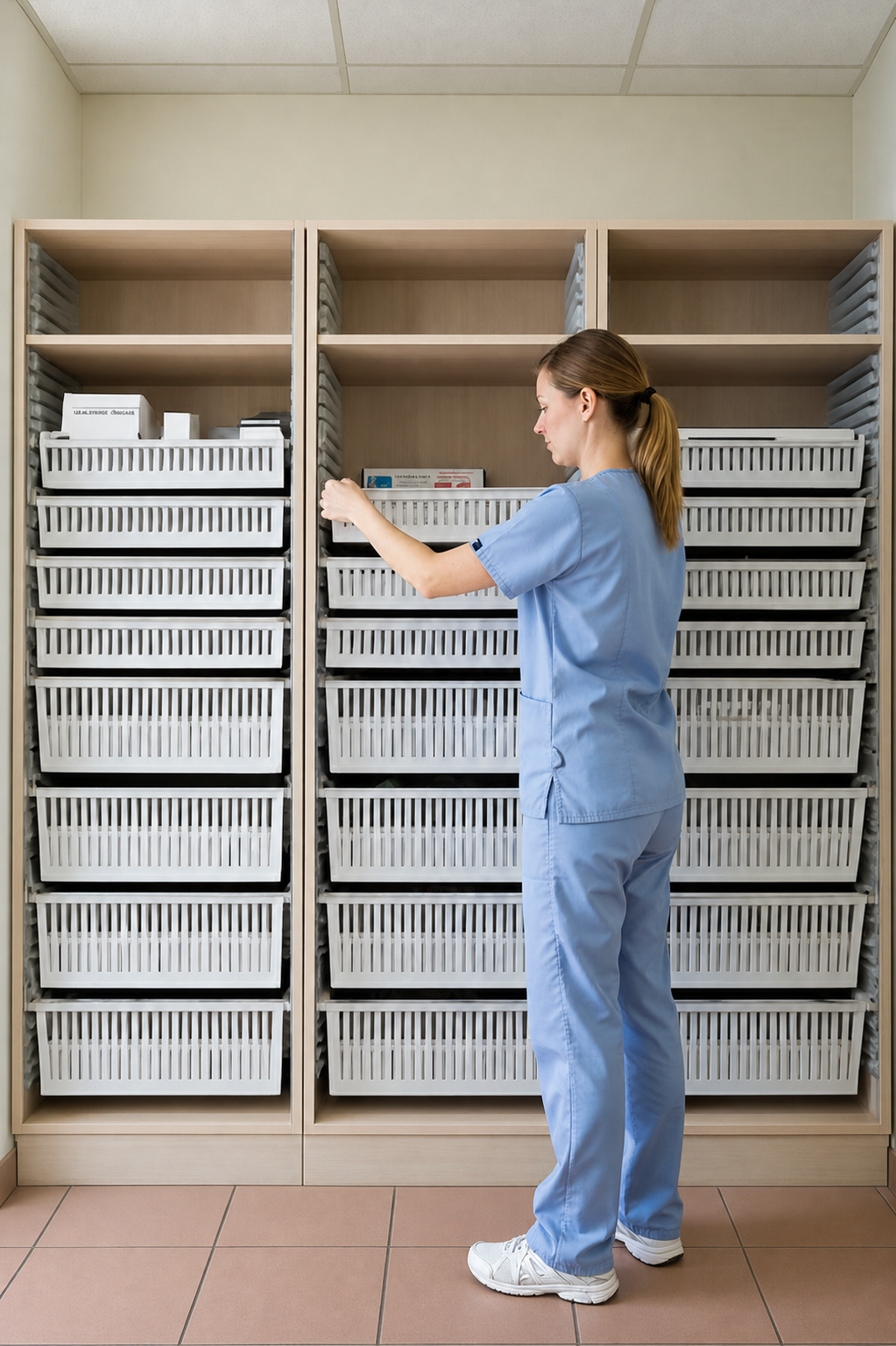 Infirmière rangeant des médicaments dans des paniers modulaires
