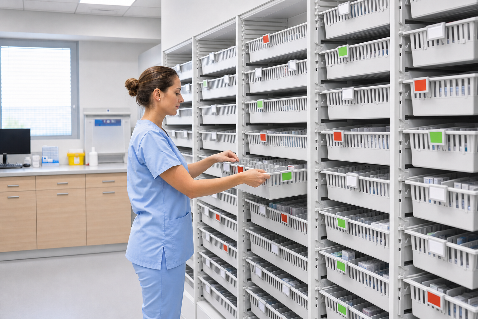 Aménagement de pharmacie hospitalière avec rangements sur mesure