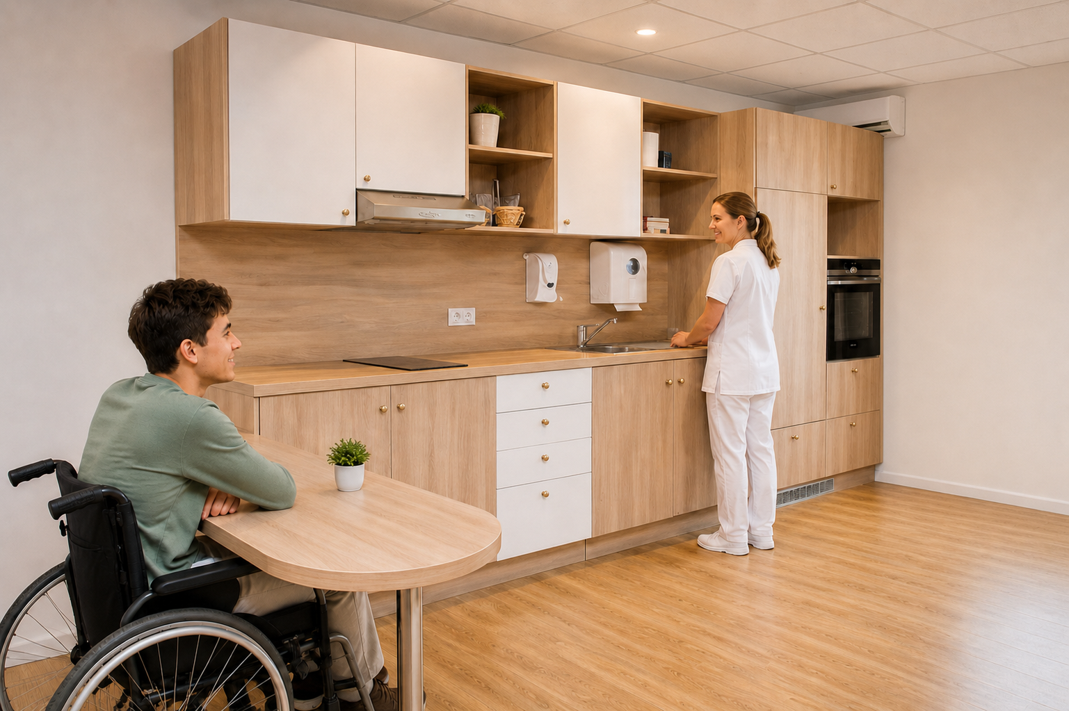 Cuisine thérapeutique accessible avec résident en fauteuil roulant et soignante