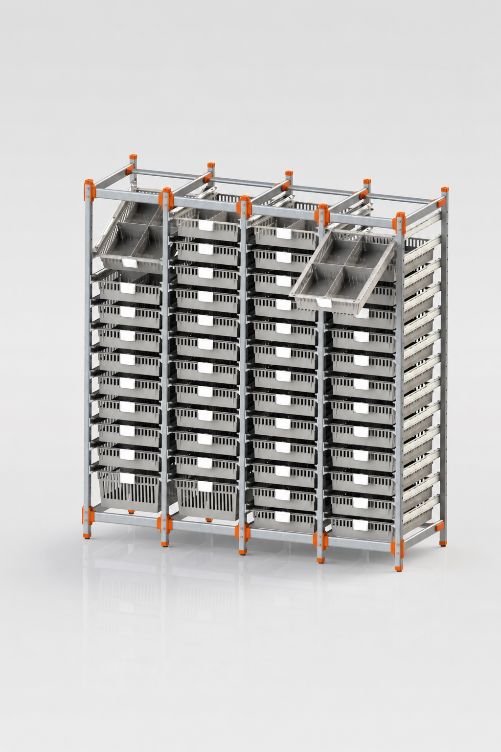 Rayonnage modulaire de pharmacie avec paniers et plateaux inclinés