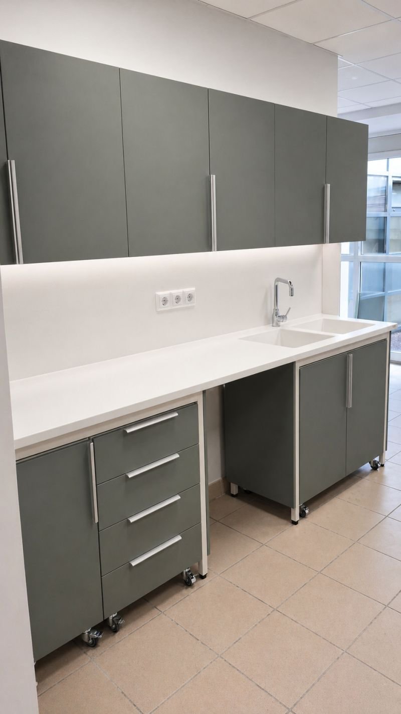 Mobilier médical mobile et rangements de la salle de soins de Montfavet